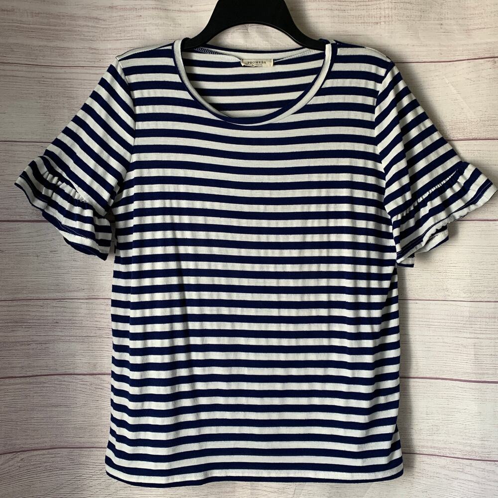 Promesa Navy Blue and White Striped Blouse Ruffle Sleeves Size Medium